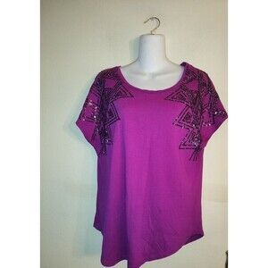 Womens Rock & Republic Sequin Asymmetrical Bottom Purple Cotton Top Sz M Pit 21"